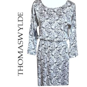 Thomas Wylde Black White Silk Skull Dress Cinched Waist Unfinished Hem Sz Medium